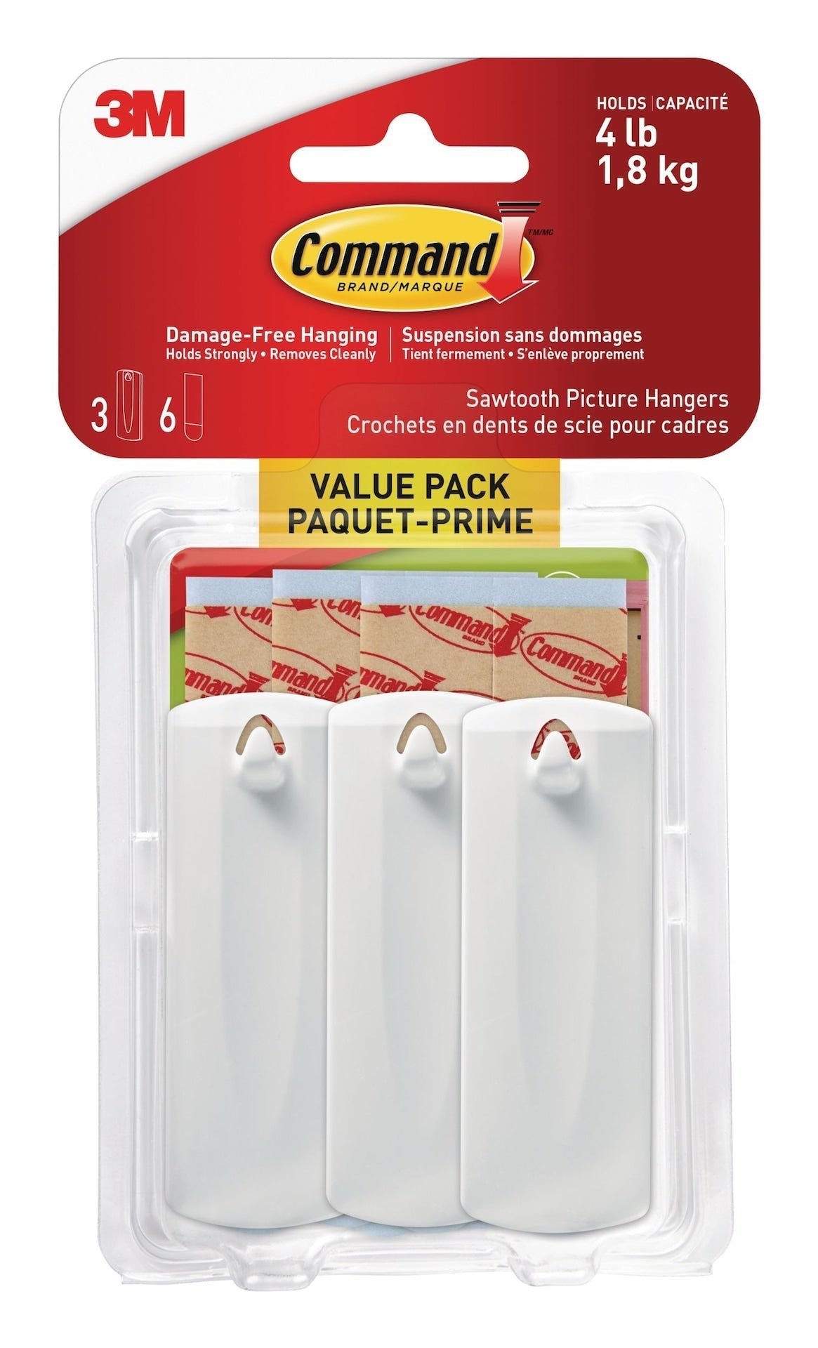 Adhesive Sawtooth Picture Hanging Hooks with Adhesive Strips, White, 4-lbs, 3 Strips per Pack X4U5 - product image 1