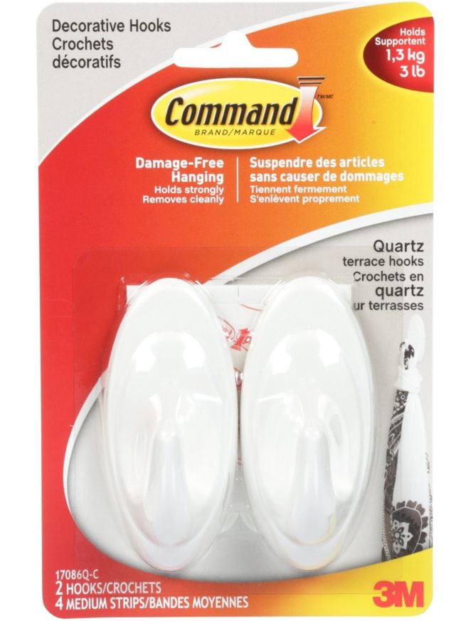 Decorative Quartz Terrace Hooks with Adhesive Strips, White, 3-lbs, 2 Strips per Pack O5S3 - product image 1