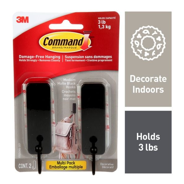 Medium Decorative Hooks with Adhesive Strips, Matte Black, 3-lbs, 2 Strips per Pack O9X2 - product image 1