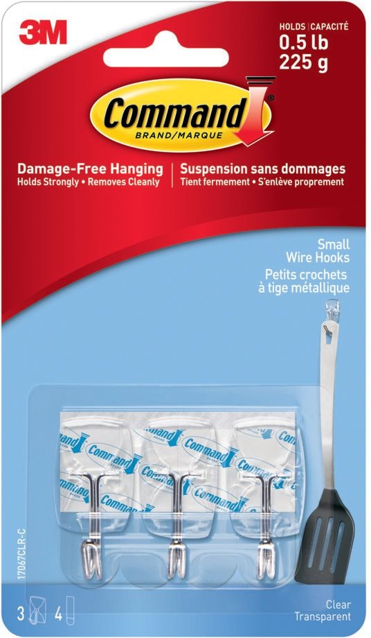 Small Wire Hooks with Adhesive Strips, Clear, 0.5-lbs, 3 Strips per Pack O5W6 - product image 1