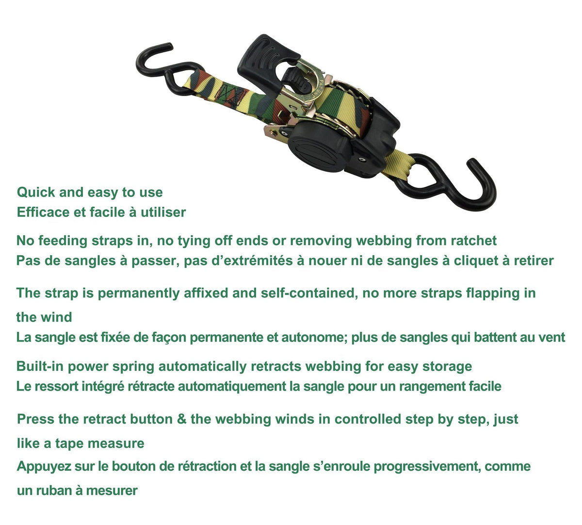 1,200-lb Retractable Camo Ratchet Tie Down Straps, 1-in x 10-ft, 2-pk Q2C2 - product image 4