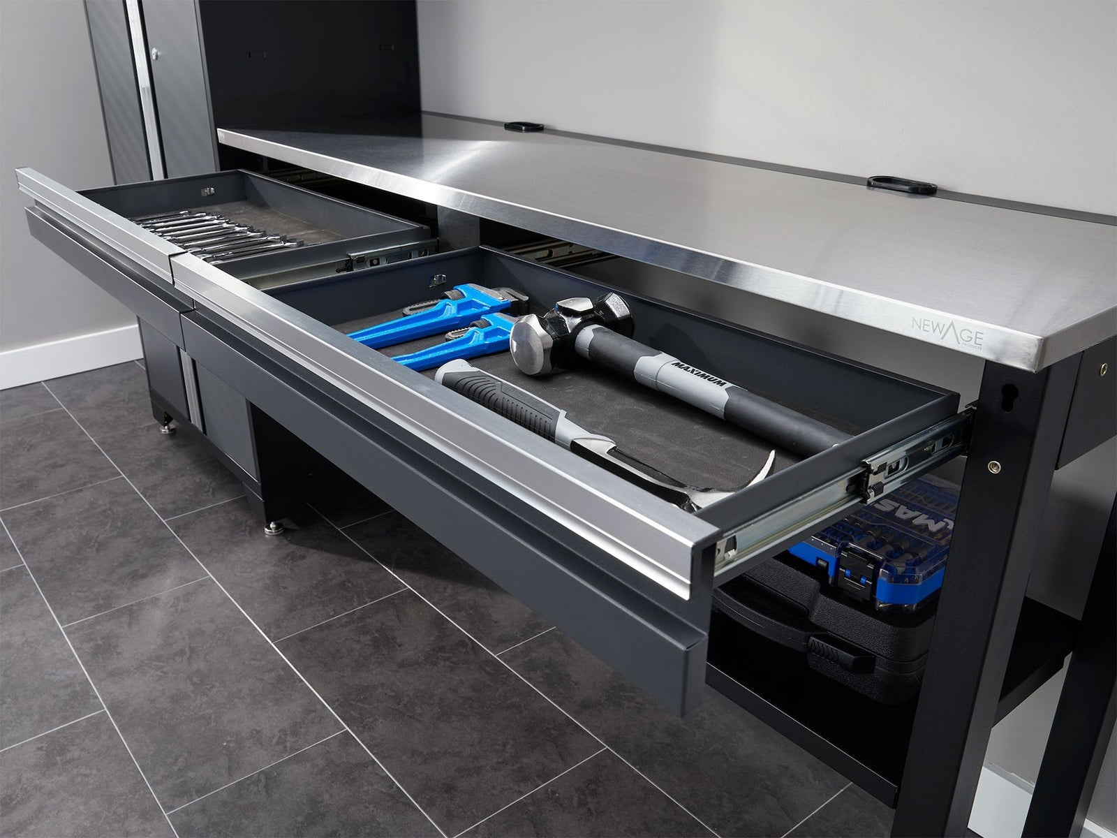Bold 3.0 Series All-in-One Lockable Steel Garage Cabinetry Set with Stainless Steel Top, Grey, 90-in x 18-in x 72-in, 4-pc U6O1 - product image 3