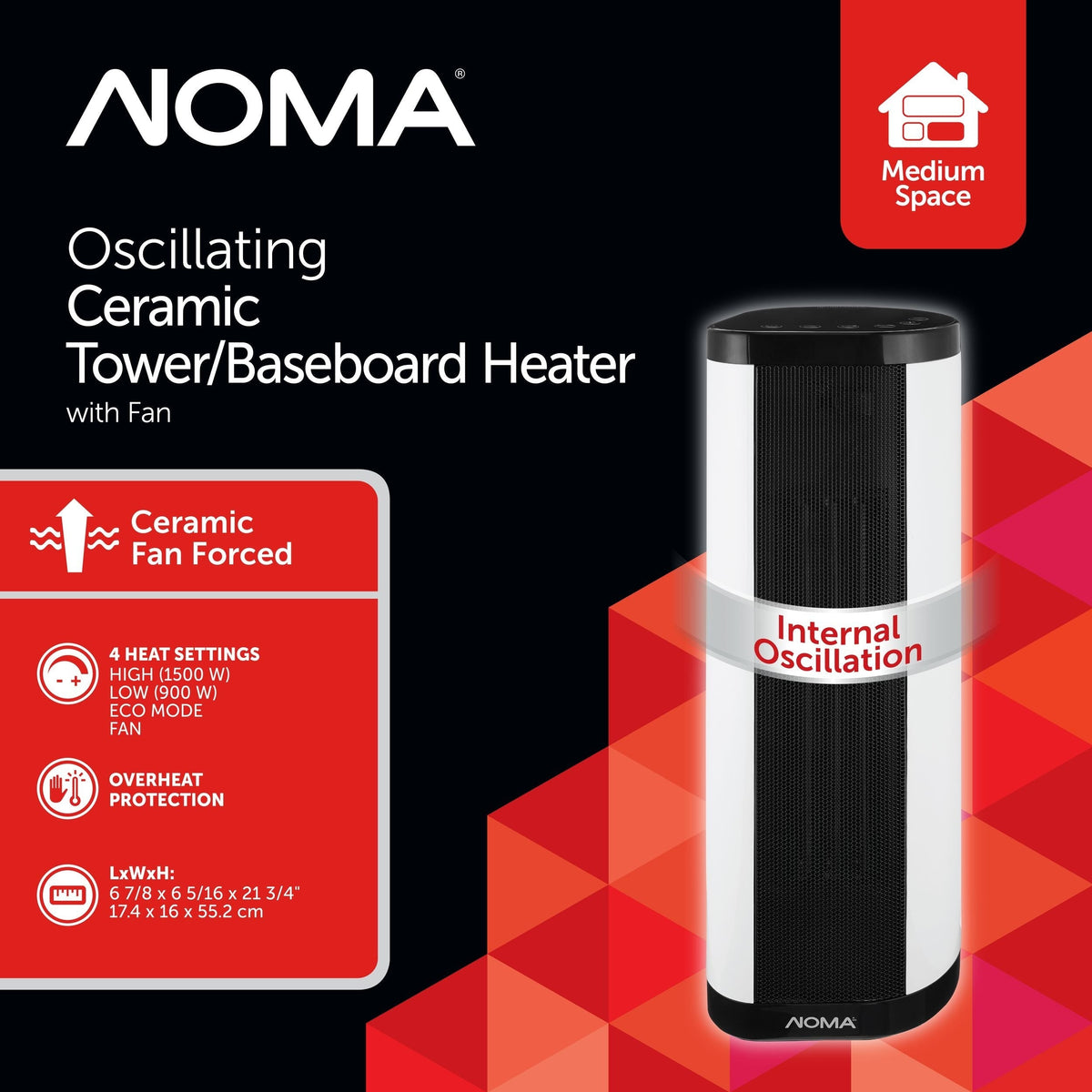Oscillating Tower/Baseboard Heater withRemote Control & Thermostat, 1500W, White E5Q2 - product image 3