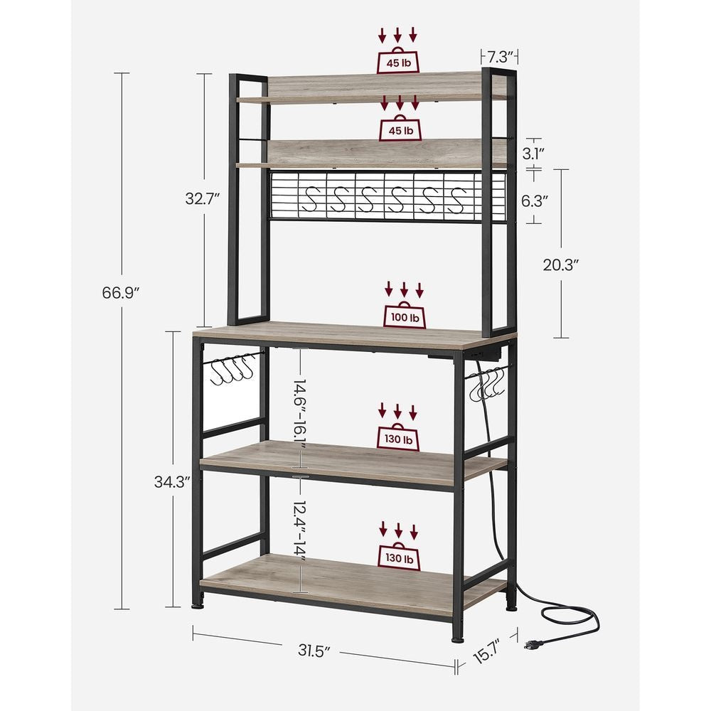 Home 5-Shelf Grey Baker's Rack with 4 AC Outlets N2G0 - product image 5