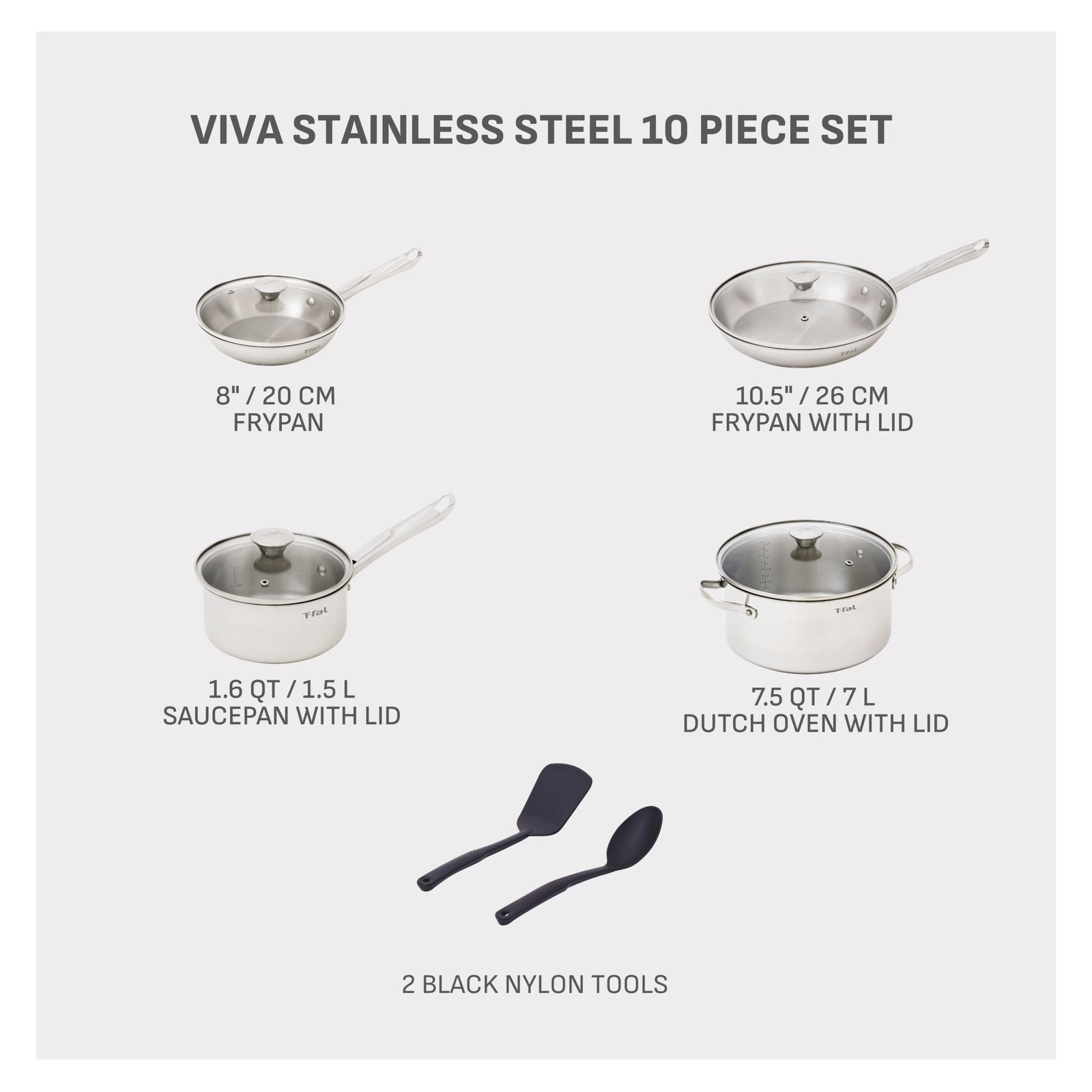Viva Stainless Steel Cookware Set, Dishwasher & Oven Safe, Pots and Pans Set, 10-pc Z0Y7 - product image 2