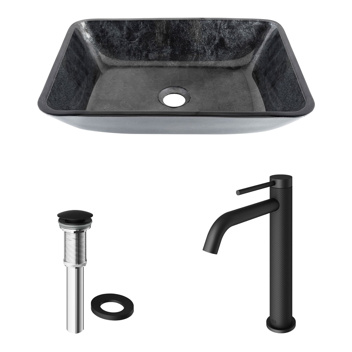 Glass Grey Onyx Bathroom Sink/Basin Set with Matte Black Lexington Faucet and Rectangular Vessel U5B2 - product image 2
