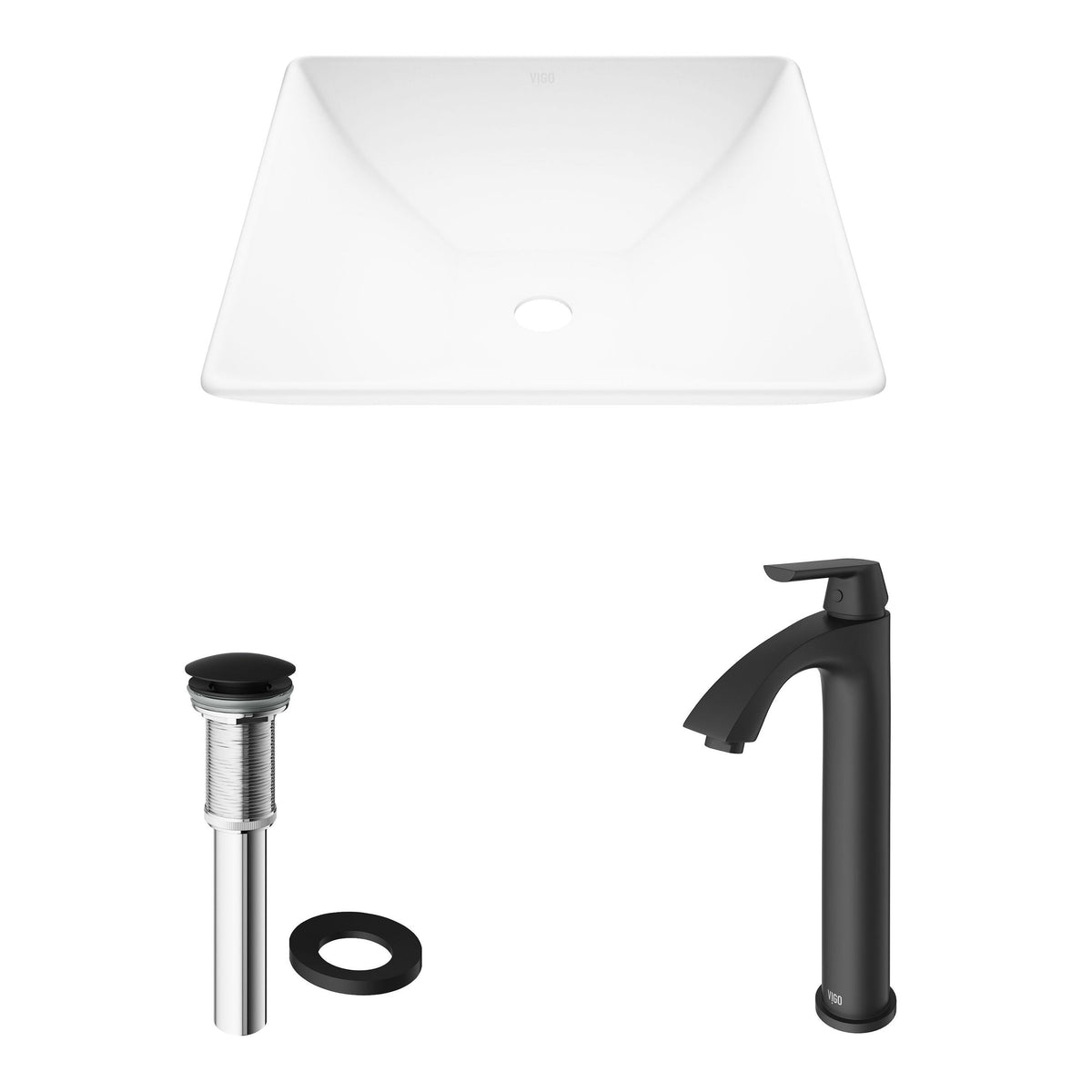 Hibiscus MatteStone White Bathroom Sink/Basin Set with Linus Faucet and Square Composite Vessel V5K4 - product image 2