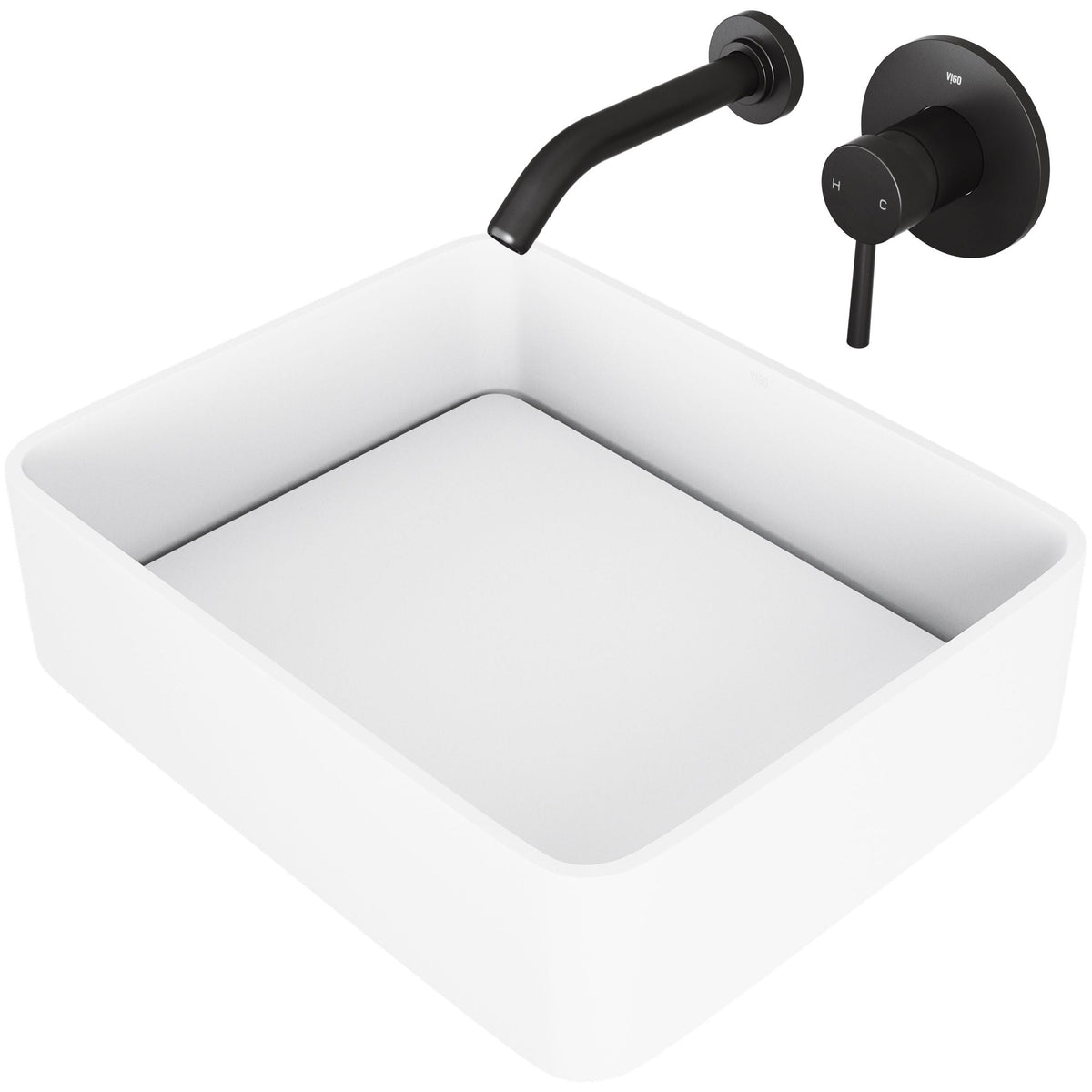 Jasmine MatteStone White Bathroom Sink/Basin Set with Olus Wall Mount Faucet and Rectangular Composite Vessel R2W2 - product image 1