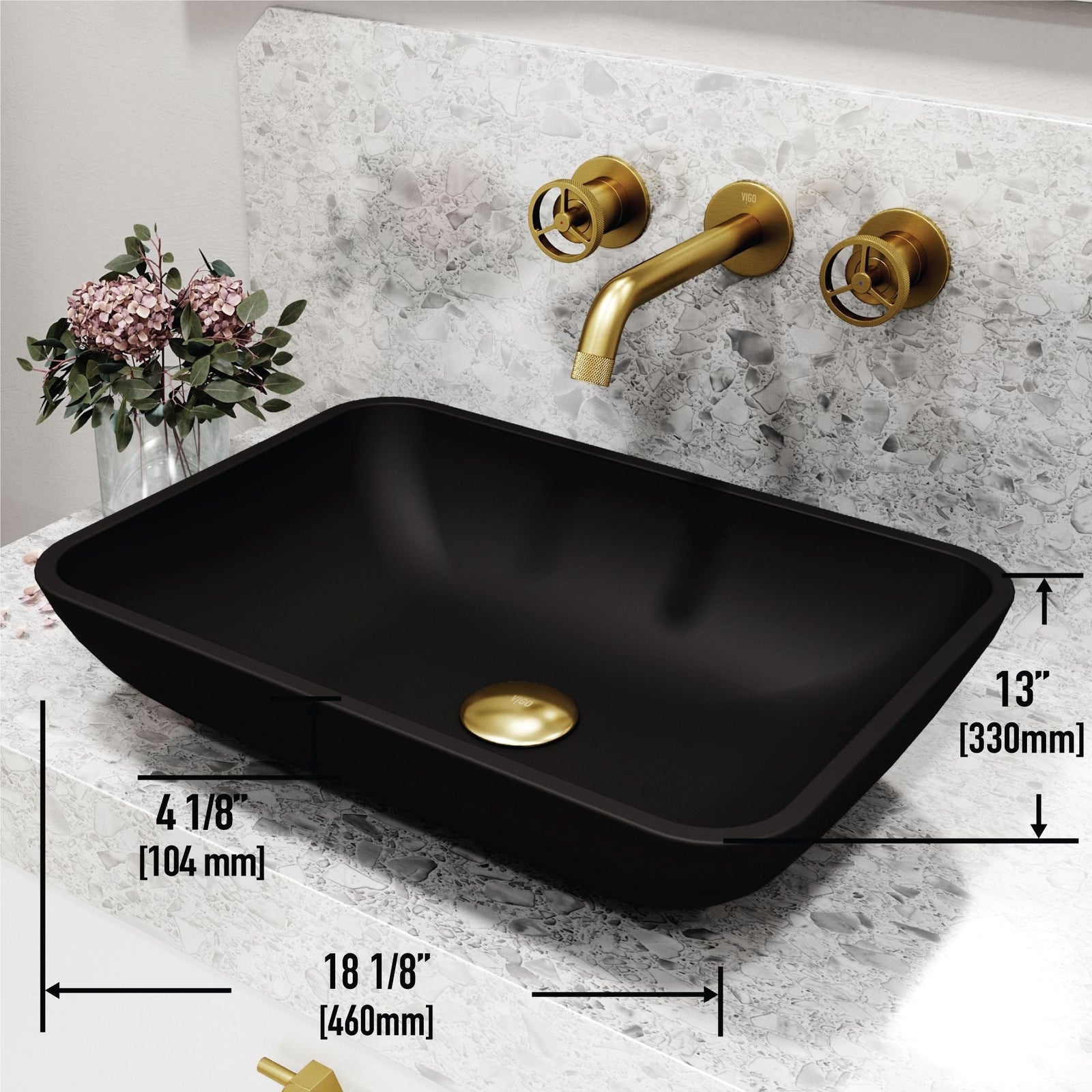 Sottile MatteShell Matte Black Bathroom Sink/Basin Set with Cass Wall Mount Faucet and Glass Rectangular Vessel O3U5 - product image 3
