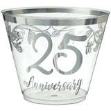"25th Anniversary" Bordered Trimmed Plastic Reusable Tumbler Cups, Clear/Silver, 9-oz, 30-pk, for Anniversary Party T4Y4 - product image 1