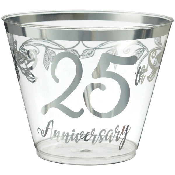 "25th Anniversary" Bordered Trimmed Plastic Reusable Tumbler Cups, Clear/Silver, 9-oz, 30-pk, for Anniversary Party T4Y4