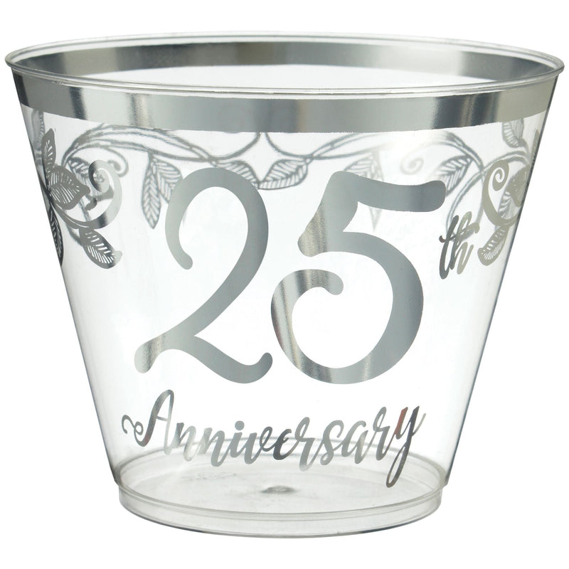 "25th Anniversary" Bordered Trimmed Plastic Reusable Tumbler Cups, Clear/Silver, 9-oz, 30-pk, for Anniversary Party T4Y4