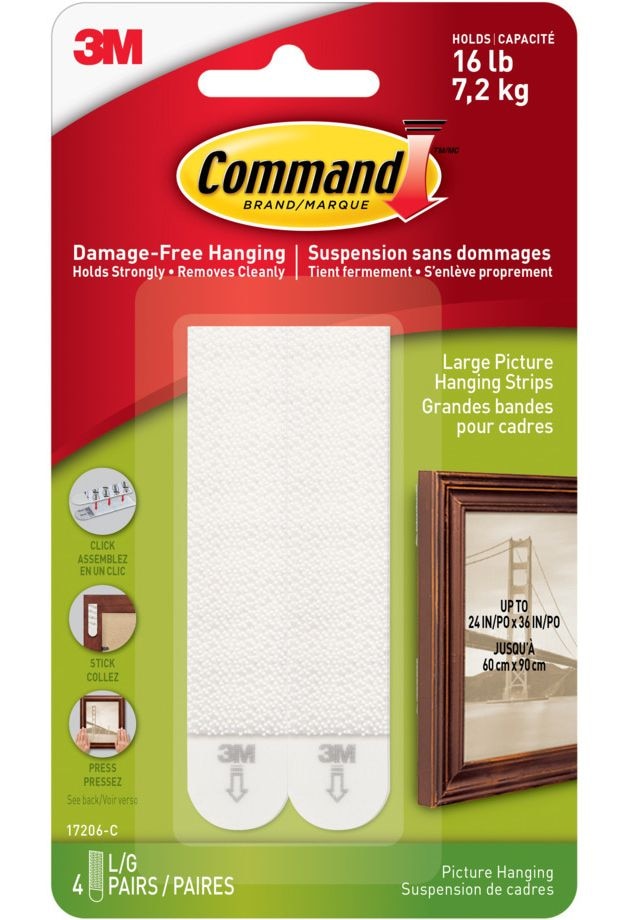 Large Adhesive Picture Hanging Strips, White, 16-lbs, 4 Strips per Pack J6L9