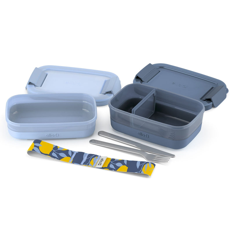 Stackable Bento Lunch Food Storage Container with Stainless Steel Flatware, Blue, 2-pk S4X2