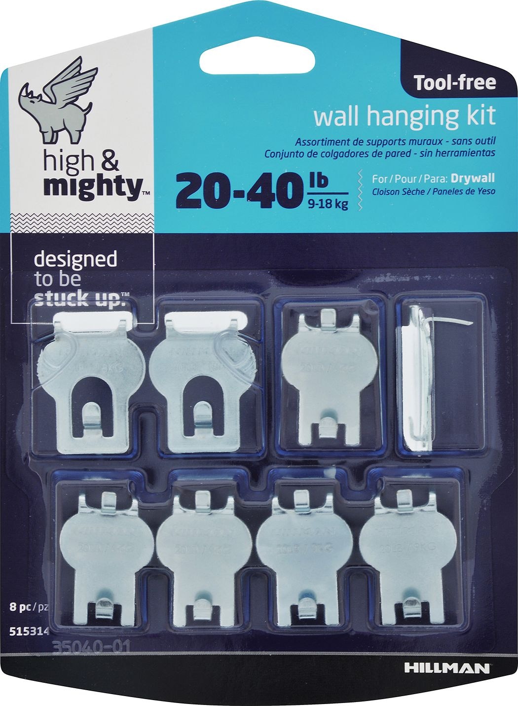 High & Mighty DrywAll Hanger, For Hanging Frames, No Tools Required, 40-lb Capacity, Silver, 8-pk T1E4 - product image 1
