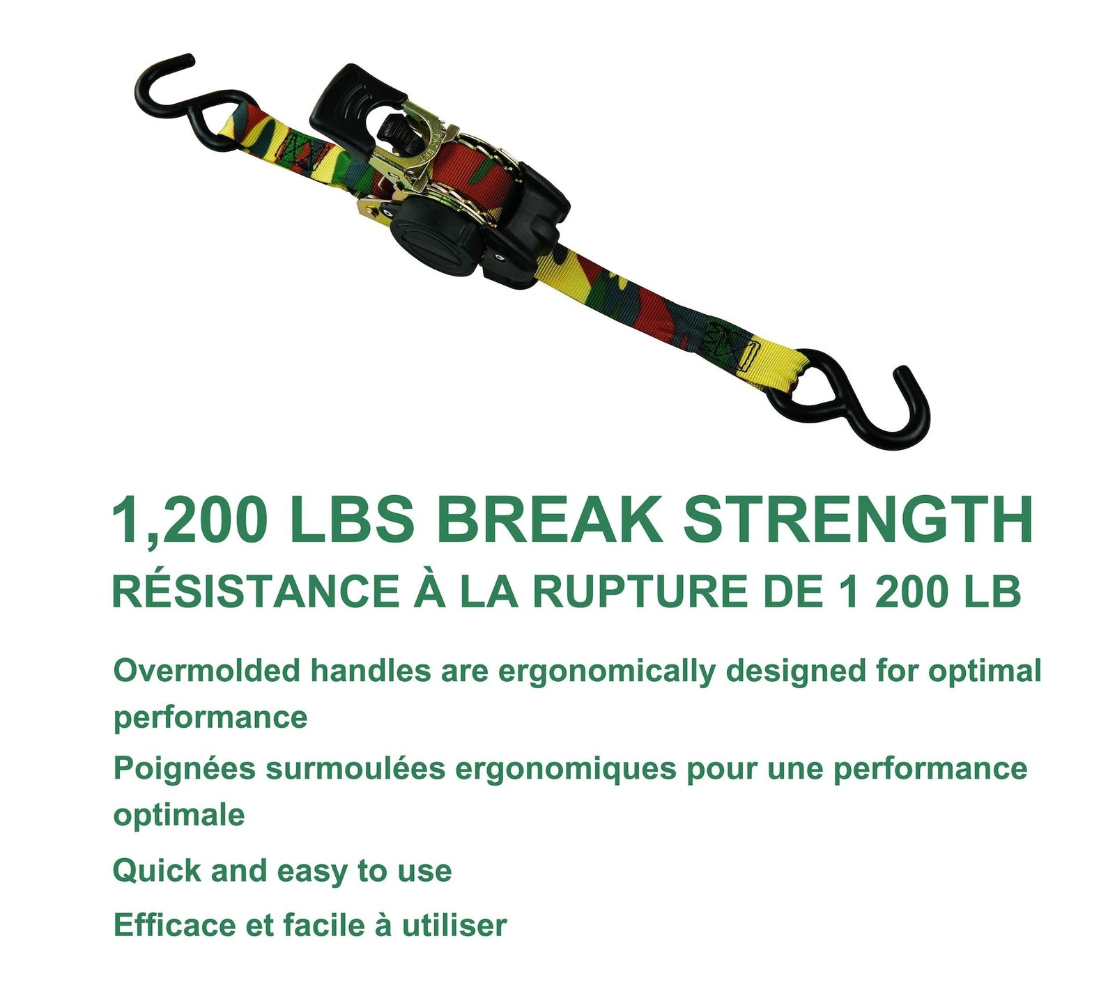 1,200-lb Retractable Camo Ratchet Tie Down Straps, 1-in x 10-ft, 2-pk Q2C2 - product image 6