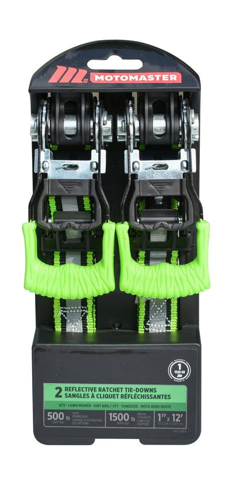 1,500-lb Reflective Ratchet Tie-Down Strap with Padded D-Handle, 1-in x 12-ft, 2-pk T7O4 - product image 1