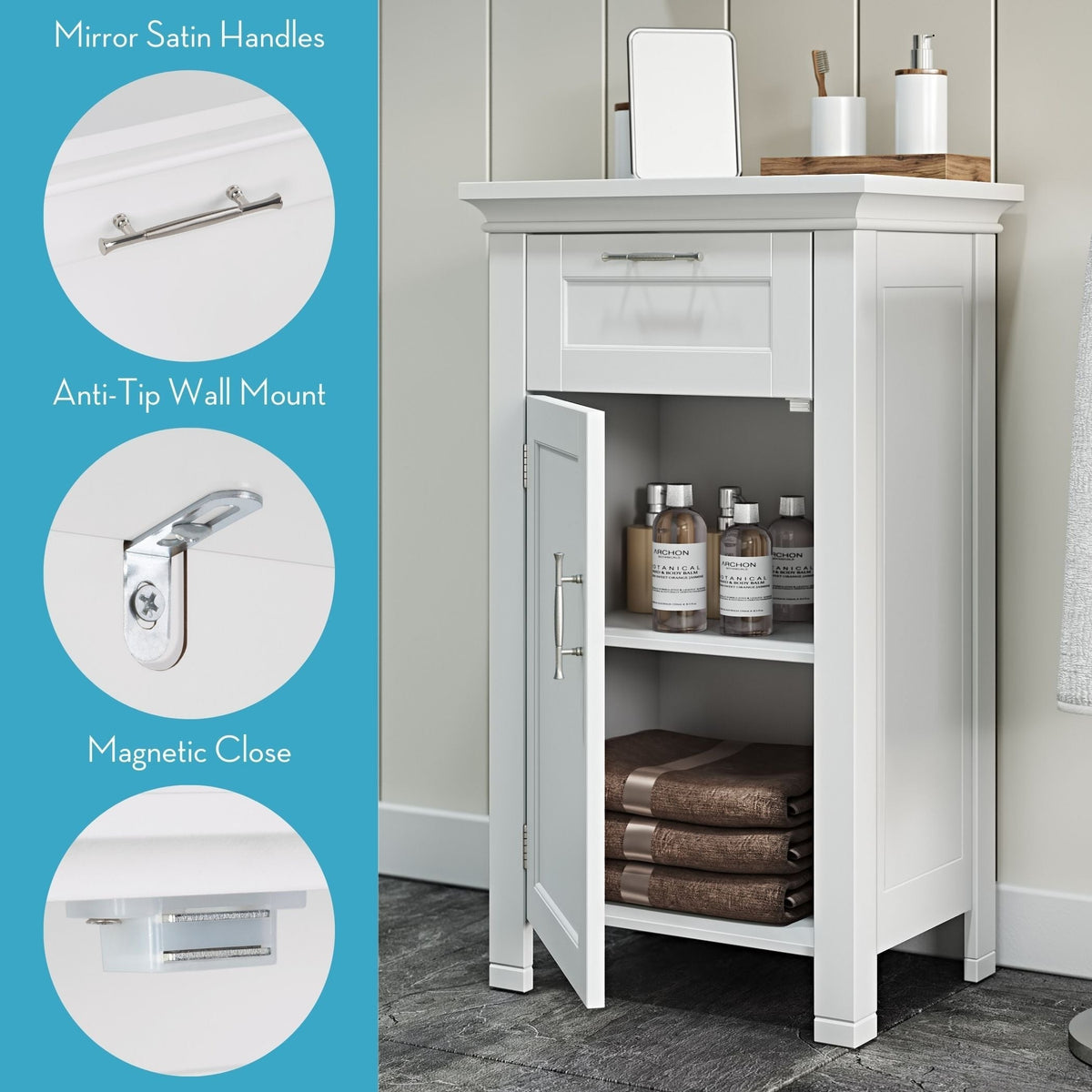 Home Somerset Single Door Bathroom & Laundry Storage Cabinet with Drawer & Adjustable Shelf, White C9E7 - product image 5