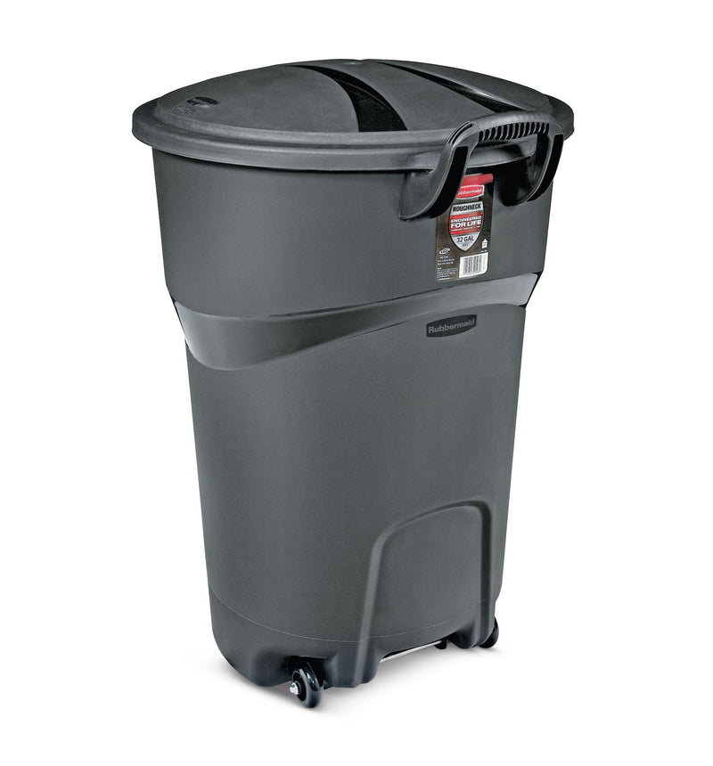 Plastic Circular Wheeled Garbage Can with Handle, Black, 121-L O8E7