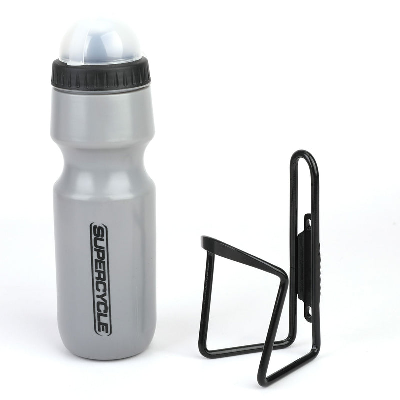 Wide Mouth Self-Sealing Bike Water Bottle withCage/Holder, BPA Free, Silver, 21-oz O5C2