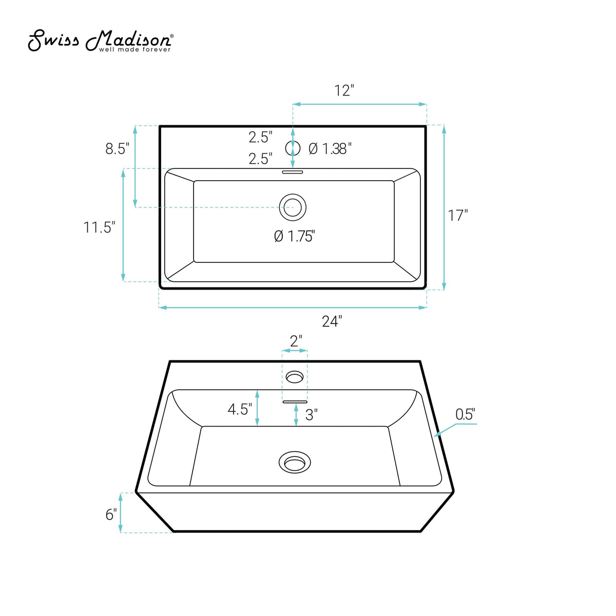 Claire Rectangle Wall-Mount Bathroom Sink, 24-in H2E7 - product image 7