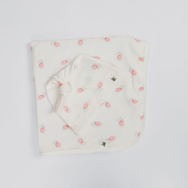 The Elk Baby Tulip Print Premium Organic Cotton Blanket and Beanie Set V4Q9