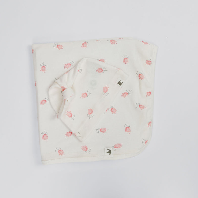 The Elk Baby Tulip Print Premium Organic Cotton Blanket and Beanie Set V4Q9