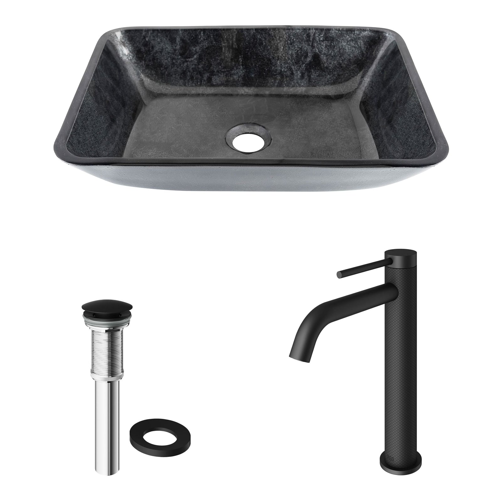 Glass Grey Onyx Bathroom Sink/Basin Set with Matte Black Lexington Faucet and Rectangular Vessel U5B2 - product image 2
