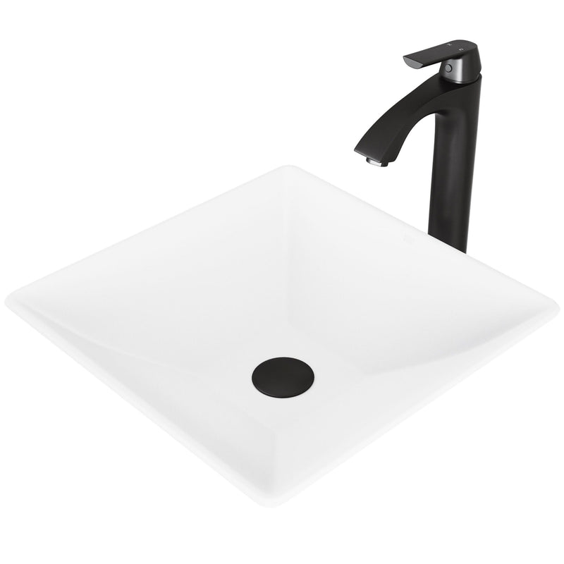 Hibiscus MatteStone White Bathroom Sink/Basin Set with Linus Faucet and Square Composite Vessel V5K4