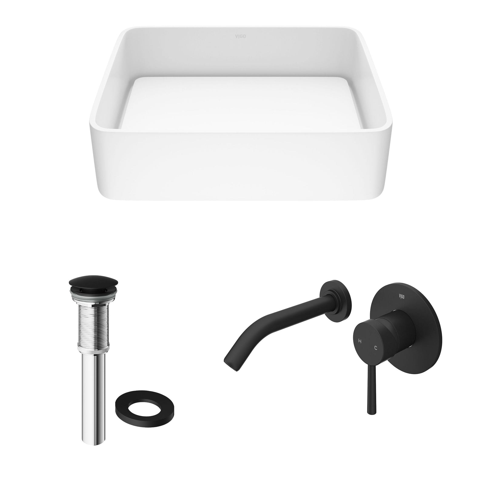 Jasmine MatteStone White Bathroom Sink/Basin Set with Olus Wall Mount Faucet and Rectangular Composite Vessel R2W2 - product image 2