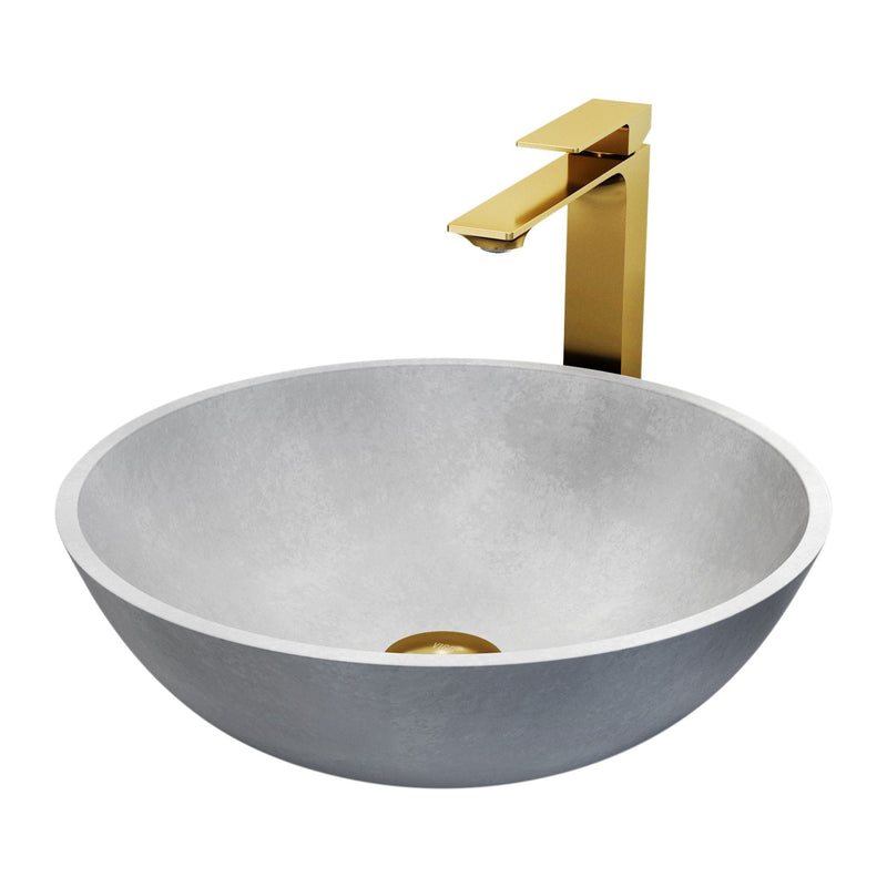 Ravenna Gothic ConcretoStone Grey Bathroom Sink/Basin Set with Dunn Faucet and Round Vessel W5P7
