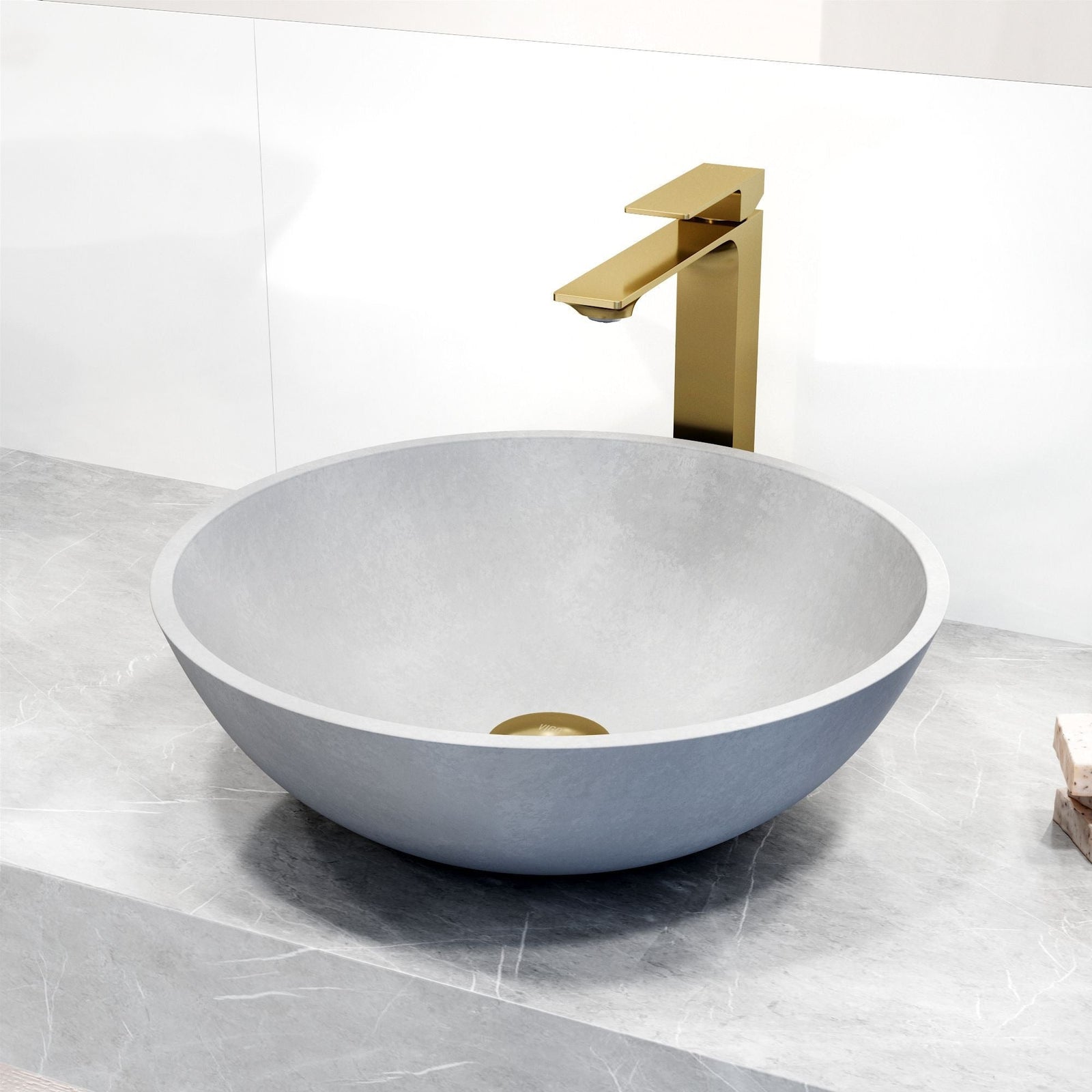 Ravenna Gothic ConcretoStone Grey Bathroom Sink/Basin Set with Dunn Faucet and Round Vessel W5P7 - product image 6