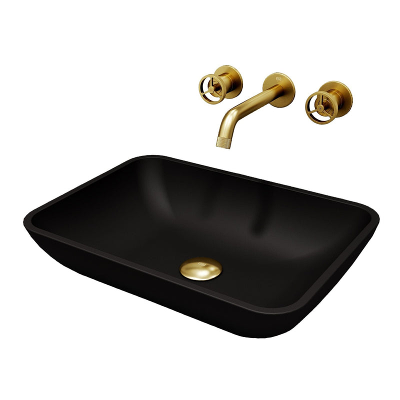 Sottile MatteShell Matte Black Bathroom Sink/Basin Set with Cass Wall Mount Faucet and Glass Rectangular Vessel O3U5