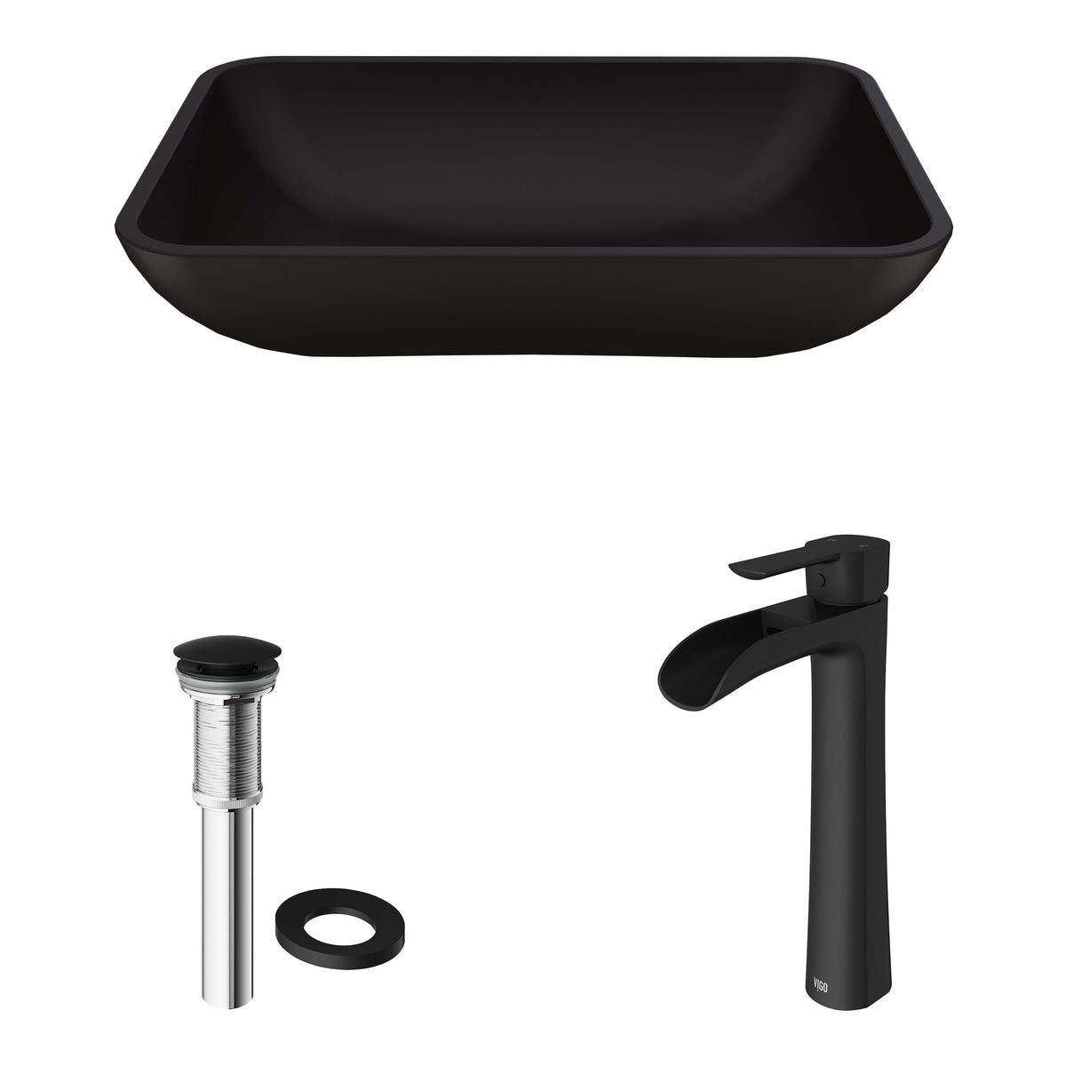 Sottile MatteShell Matte Black Bathroom Sink/Basin Set with Niko Faucet and Glass Rectangular Vessel E2C6 - product image 2